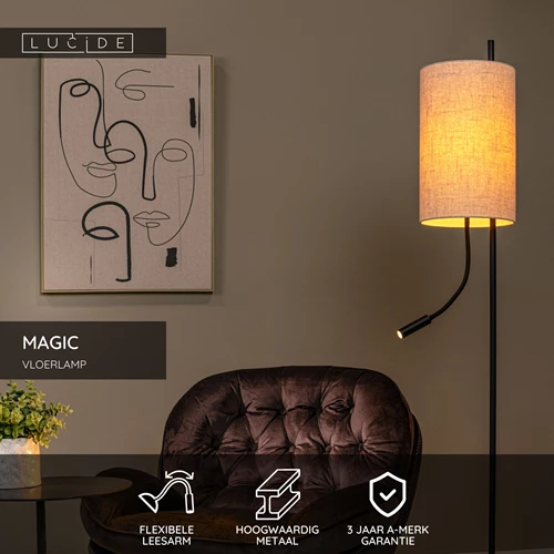 Lucide MAGIC - Vloerlamp - Ø 24 cm - 1xE27 - Zwart - USP